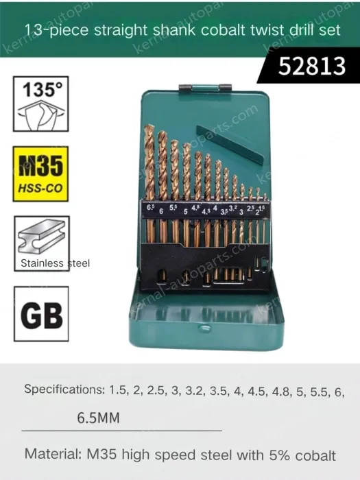 Set of 13 straight shanks containing cobalt twist drills